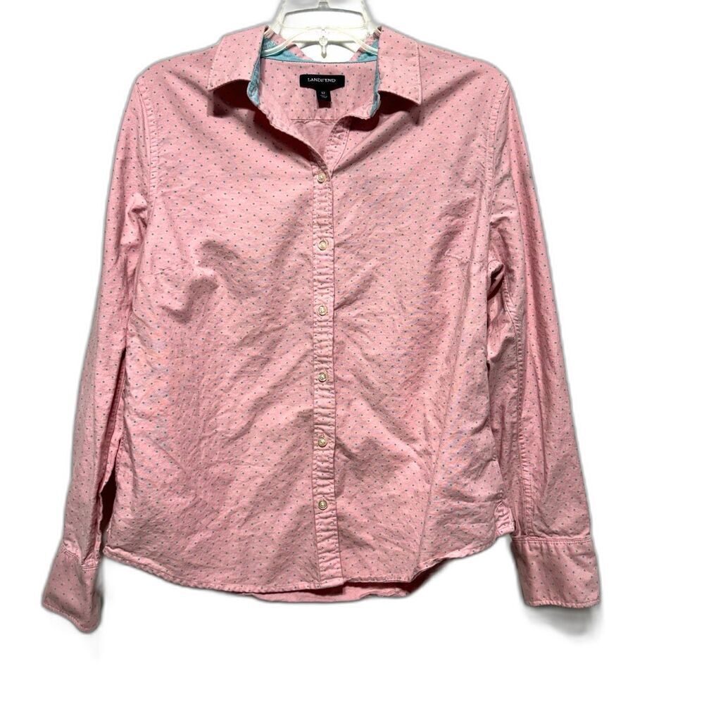 Lands' End Button Up Shirt Pink Long Sleeve Blouse Top Polka Dot Womens sz 12